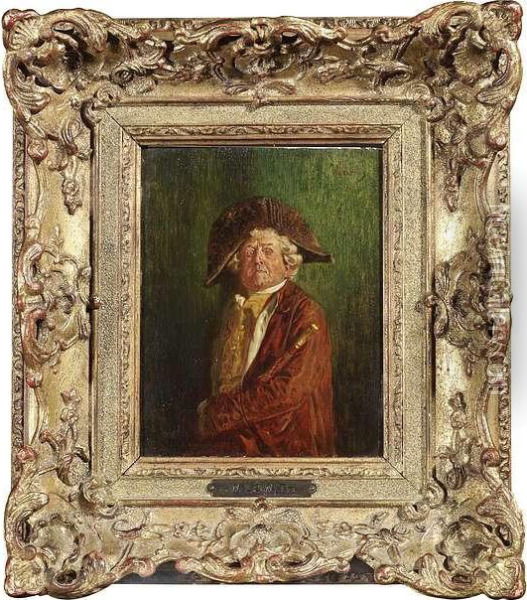 A Rococo Period Gentleman With A Walking Stick. Oil/panel, Signed Oil Painting - Wilhelm Lowith