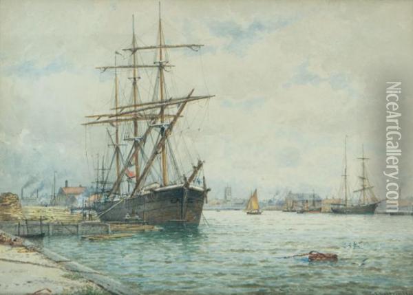Norwegian Timber Ship Docks-yarmouth. Oil Painting - George Stanfield Walters