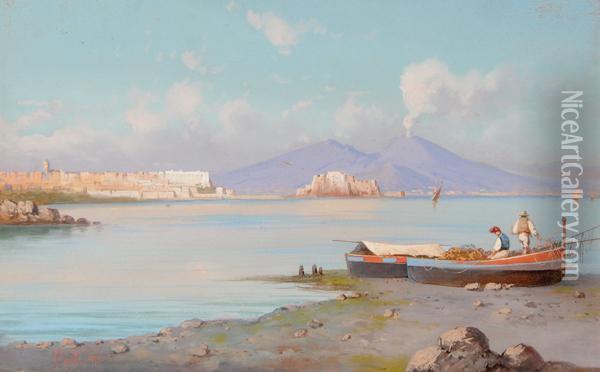 Barca Di Pescatori Sullo Sfondo Del Vesuvio Oil Painting - Guglielmo Giusti