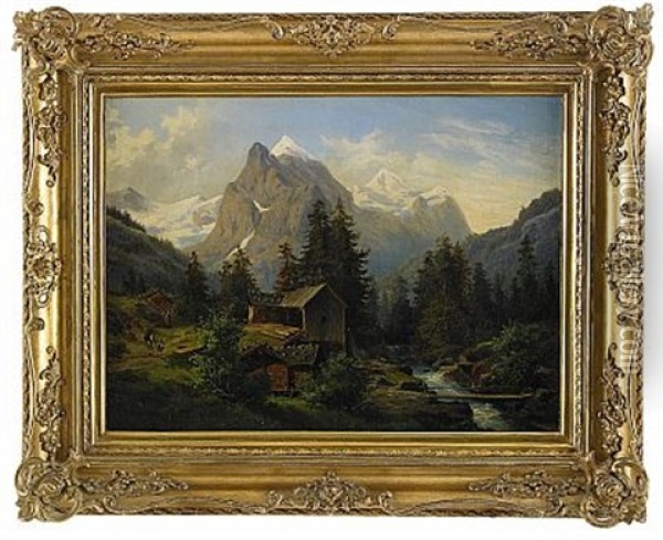 Bergslandskap Med Vandrare Och Kvarnbyggnad Oil Painting - Edward (Johan-Edvard) Bergh