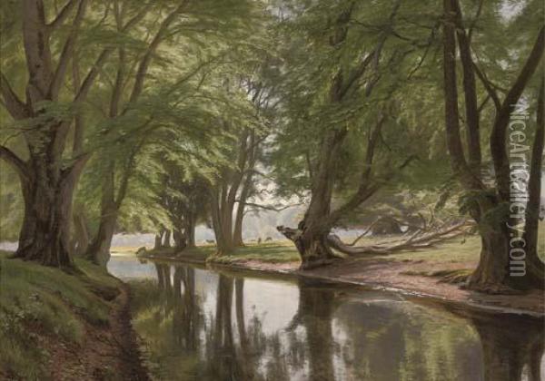 A River In A Pastoral Landscape Oil Painting - Christian Zacho