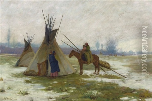 Winter On The Crow Reservation (crow Reservation In Winter) Oil Painting - Joseph Henry Sharp