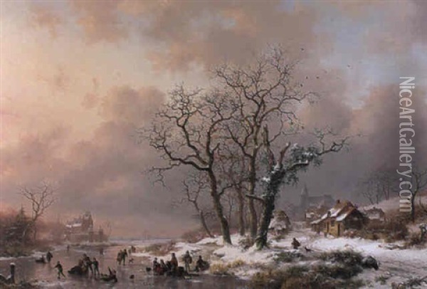 A Winter Landscape With Figures Skating On Frozen River Oil Painting - Frederik Marinus Kruseman
