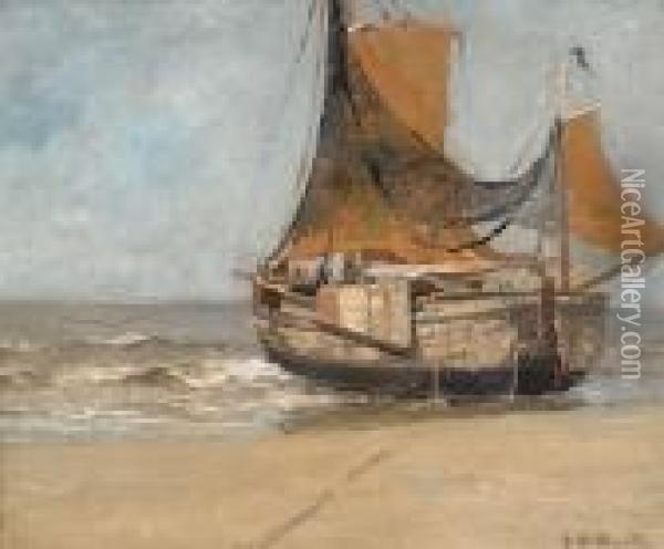 Barge On The Beach Oil Painting - Gerhard Arij Ludwig Morgenstje Munthe