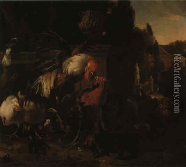 Cockerels Fighting In A Park Setting Oil Painting - Melchior de Hondecoeter