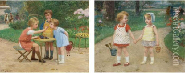 The Children's Tea Party And Children With Buckets: Two Works Oil Painting - Victor-Gabriel Gilbert