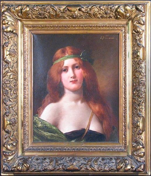 A Portrait Of A Girl With Flowing Red Hair And A Green Dress Oil Painting - Jules Frederic Ballavoine