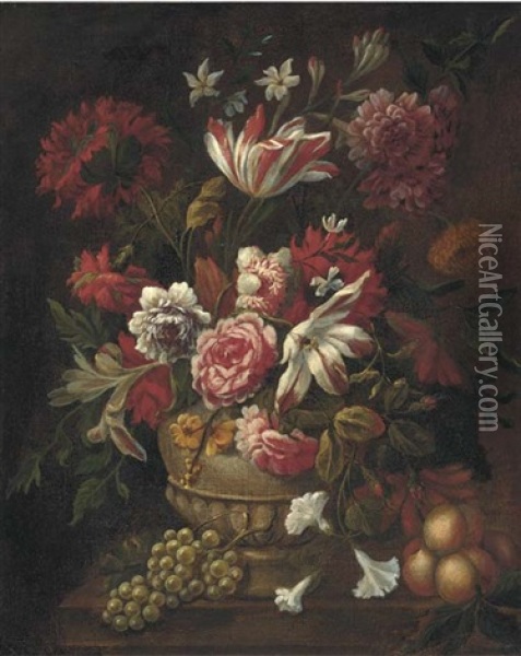 Roses, Lilies, Tulips And Narcissi In A Stone Urn With Grapes And Peaches On A Stone Ledge Oil Painting - Jakob Bogdani