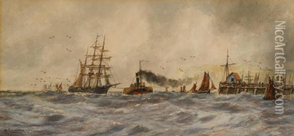 A Merchantman Under Tow From A Paddle Tug With Harbour Beyond Oil Painting - Walter Cannon