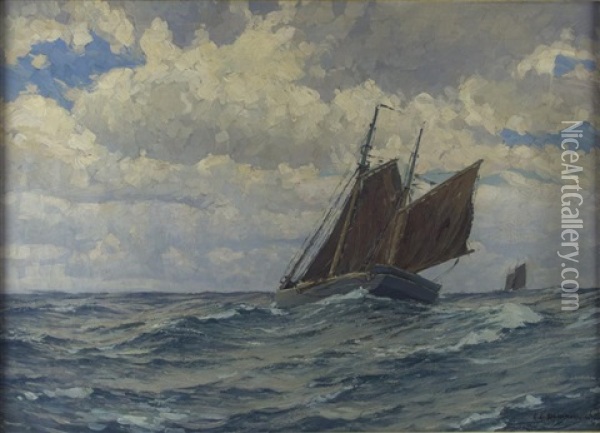 Marine Mit Zwei Segelschiffen Oil Painting - Eduard Schloemann