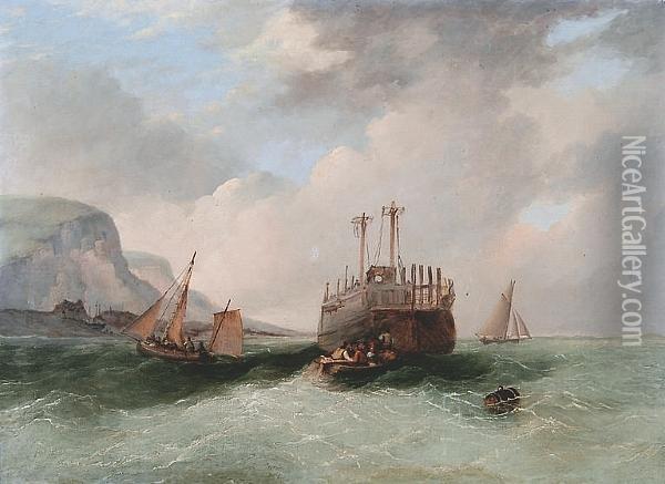 Boats And A Hulk Off The Coast In A Choppy Sea Oil Painting - Alfred Priest