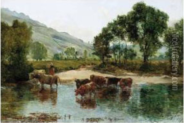 Cattle At A Ford Oil Painting - Alexander Jnr. Fraser