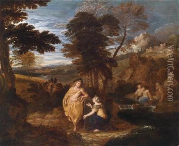 Landscape With Apollo And The Cumaean Sibyl Oil Painting - Giovanni Francesco Grimaldi
