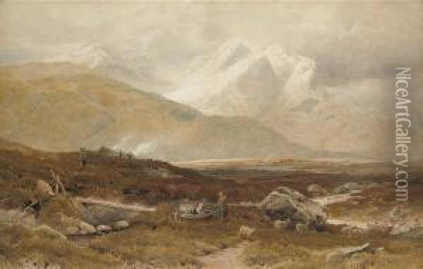 Figures And Sheep In A Highland Valley With Mountains Beyond Oil Painting - Joseph Charles Reed