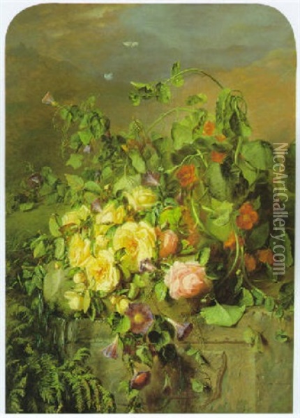 Groses Blumenstuck Mit Rosen Und Wicken Oil Painting - Adriana Johanna Haanen