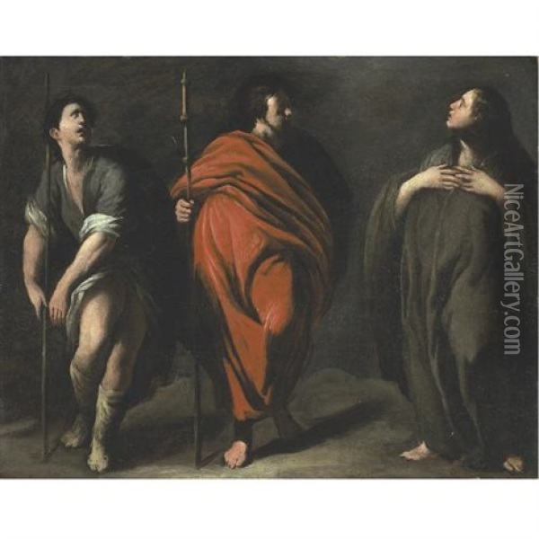 Three Standing Saints (attrib. To Bernardo Cavallino Or Antonio De Bellis) Oil Painting - Bernardo Cavallino