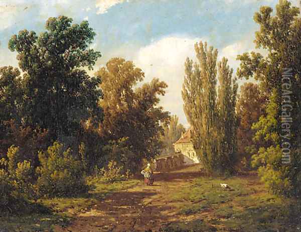 A figure on a sunlit path Oil Painting - Adrianus Jacobus Vrolyk
