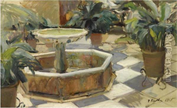 Fuente En Un Patio Sevillano (fountain In A Courtyard Oil Painting - Joaquin Sorolla Y Bastida
