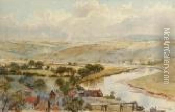 Extensive River Landscape With A Village In The Foreground Oil Painting - Herbert Menzies Marshall