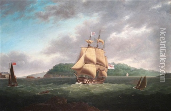 A 70 Gun Ship In Barn Pool Off Plymouth Sound With Mount Edgecumbe Beyond Oil Painting - Thomas Lyde Hornbrook