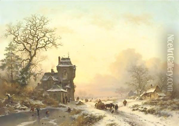 On the ice by a mansion at sunset Oil Painting - Frederik Marianus Kruseman