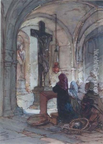 Figures Within A Chapel Interior Oil Painting - Guido Bach