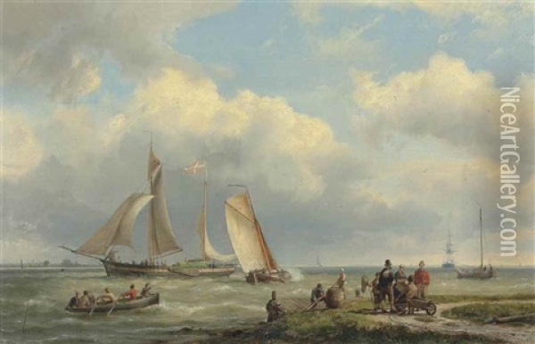 A Coastal Landscape With A Danish Coastal Barge And Figures On The Shore Oil Painting - Hermanus Koekkoek the Elder