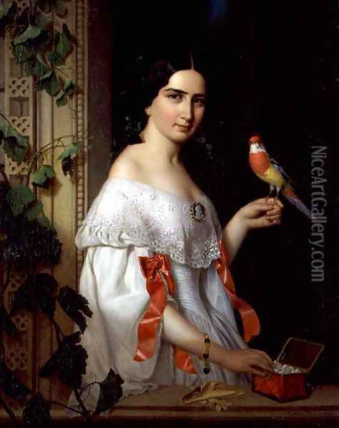 Portrait of a Lady with a Parakeet, 1856 Oil Painting - August (Agost Elek) Canzi