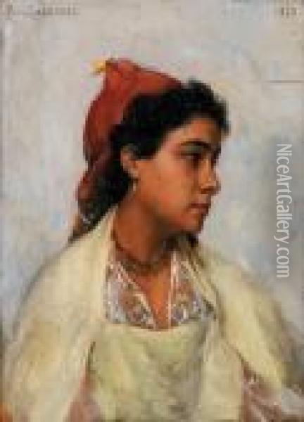 Portrait De Jeune Fille Au Voile Rouge Oil Painting - Jean Baptiste Paul Lazerges