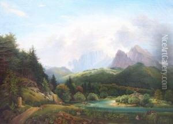 Flusslandschaft Mit Angler Und Kuhen Oil Painting - Hermann Schmidt
