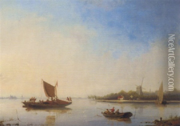Fishing Boats In A River Landscape Oil Painting - Cornelis Christiaan Dommelshuizen