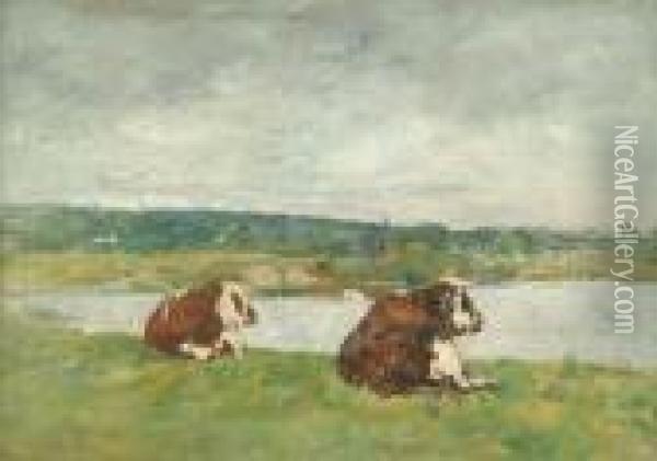 Deaux Vaches Dans Unpaturage Oil Painting - Eugene Boudin
