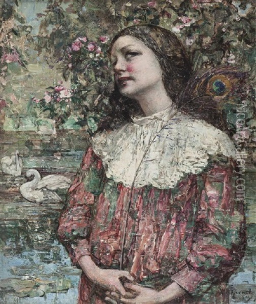 Girl With Peacock Feather Oil Painting - Edward Atkinson Hornel