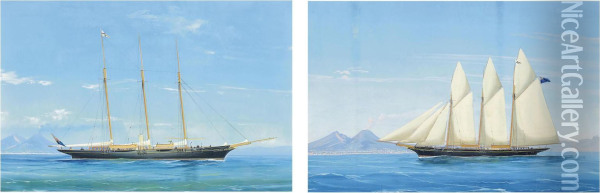 A Steam Yacht Motoring Through The Bay Of Naples Oil Painting - Antonio de Simone