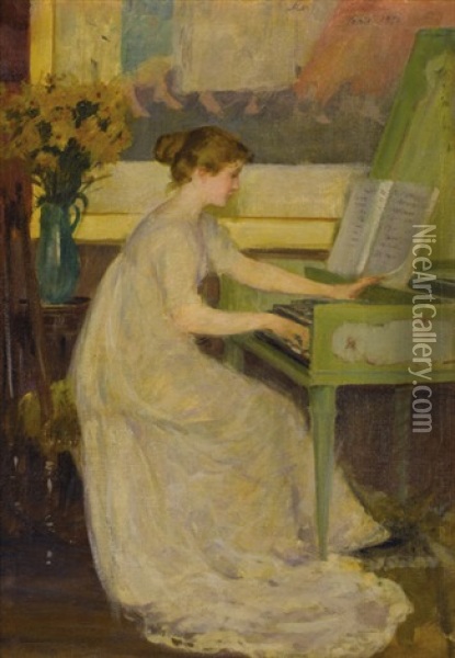 Girl Playing The Harpsichord Oil Painting - Mary Fairchild MacMonnies Low