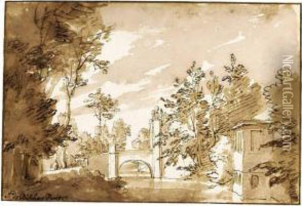 Landscape With A Bridge Over A Canal: The Entrance To The House Of Werve, Near Rijswijk Oil Painting - Johannes Episcopius