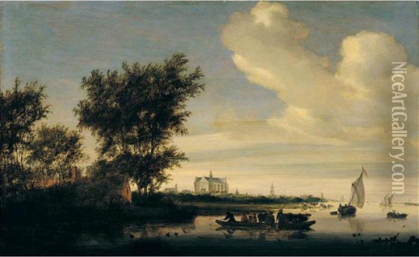 A Distant View Of Alkmaar With Peasants And Cattle On A Ferry In The Foreground Oil Painting - Salomon van Ruysdael