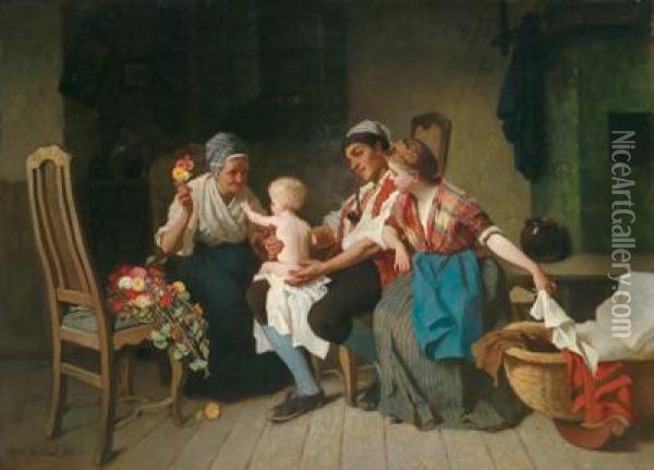Familienidyll In Der Stube Oil Painting - Max Michael