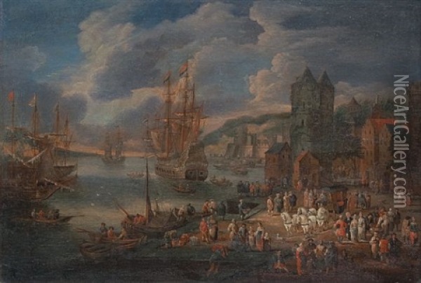 Havnemotiv Med Folkeliv Oil Painting - Adriaen Frans Boudewyns the Elder