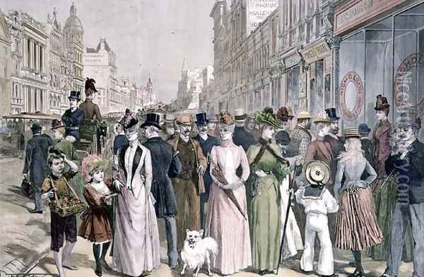 The Block in Collins Street, Melbourne, from a sketch by Melton Prior 1845-1910, engraved by P. Naumann for the Illustrated London News, 4th January 1890 Oil Painting - Melton Prior