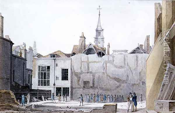 Demolition of Saddlers Hall, Cheapside, City of London, 1821 Oil Painting - Robert Blemell Schnebbelie