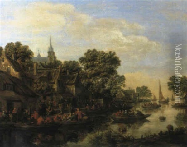 Ein Dorf Am Fluss Mit Vielen Booten Und Figuren Oil Painting - Thomas Heeremans