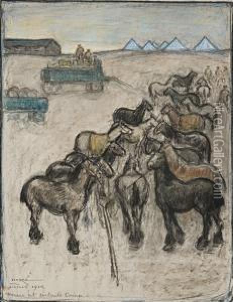 Horses At Details Camp, Etaples Oil Painting - Isobel, Iso Rae