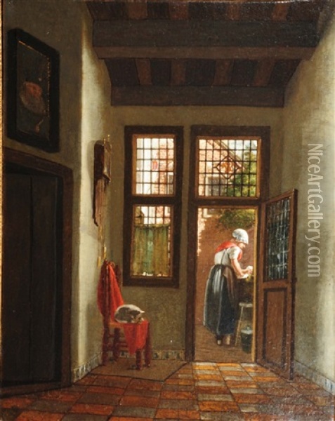Interior With Washer Woman Through An Open Door Oil Painting - Pieter De Hooch