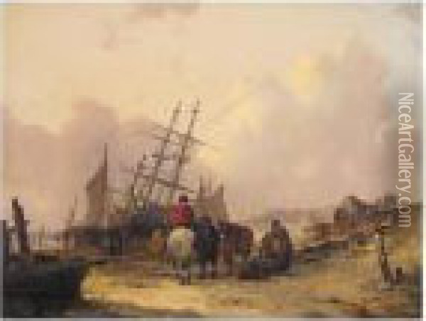 A Busy Coastline Oil Painting - Snr William Shayer