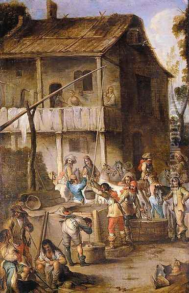 Soldiers before a Tavern Oil Painting - Cornelis de Wael