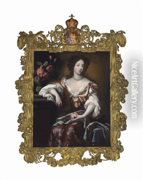 Portrait Of Mary Of Modena (1658-1718), Queen Of England, Three-quarter-length, Seated By A Bouquet Of Flowers Oil Painting - Simon Pietersz Verelst