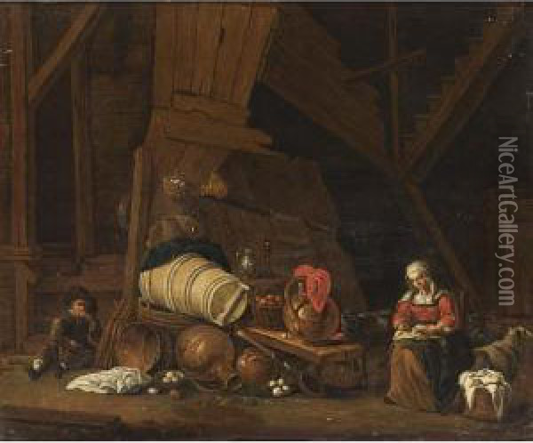 A Barn Interior With A Maid 
Sowing, A Boy Eating An Apple And A Still Life Of Pots And Pans And 
Fruits Oil Painting - Cornelis Saftleven