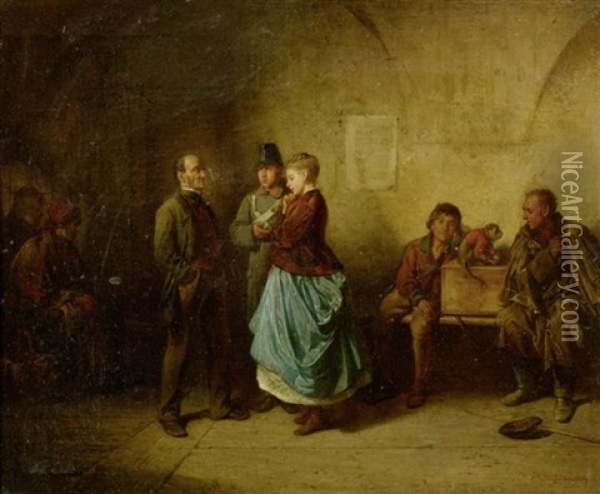 Vater Und Tochter Mit Einem Soldat In Einem Interieur Oil Painting - Friedrich Ritter von Malheim Friedlaender