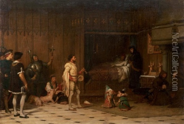 Bohemiens Faisant Danser Des Petits Cochons Devant Louis Xi Malade Oil Painting - Pierre Charles Comte